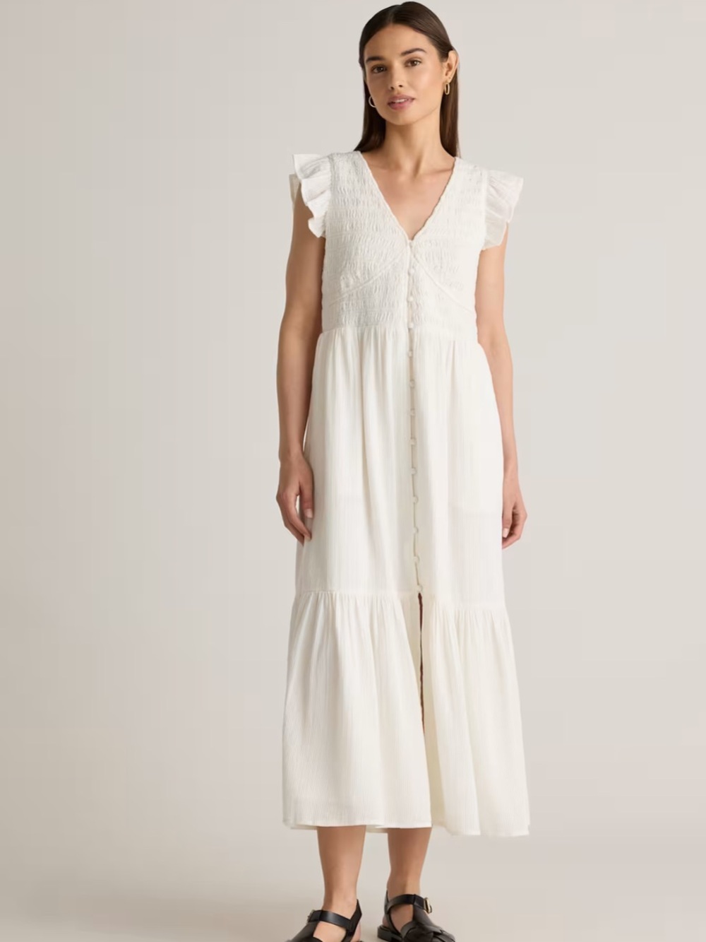Quince Organic Textured Cotton Smocked V-Neck Midi Dress white medium